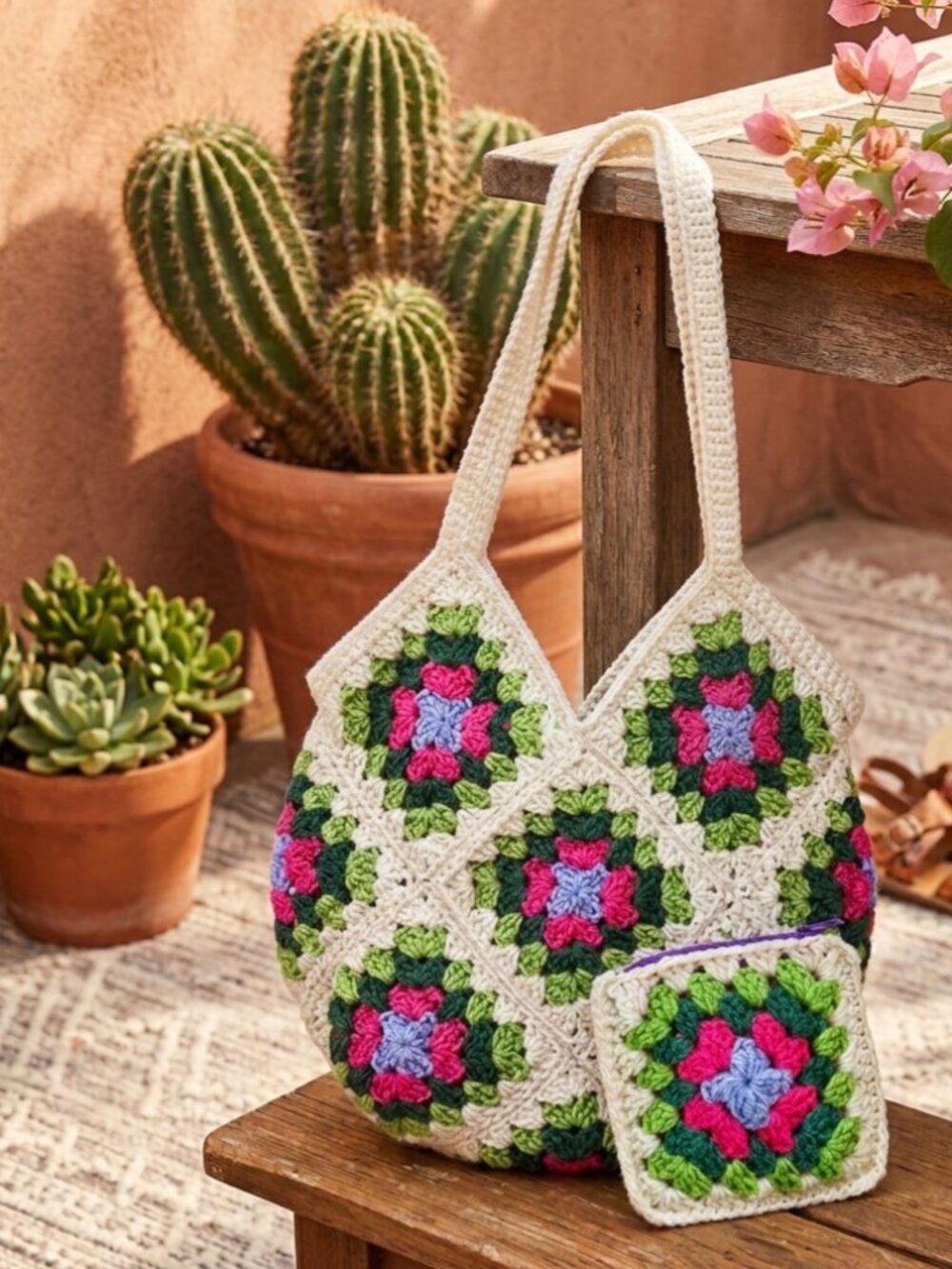 Boho Crochet Granny Square Bag & Matching Coin Purse Set Floral Green Botanical